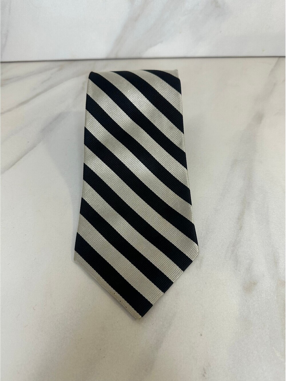 Vintage Leo Cerruti black cream diagonal striped 100% Italian silk tie old money